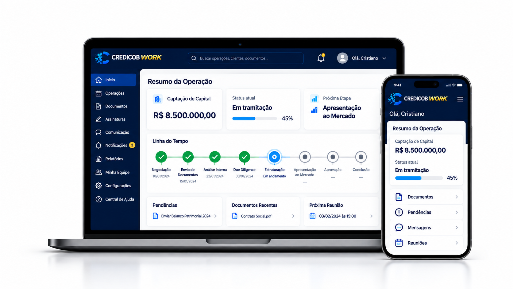 Plataforma Credicob Work em notebook e celular
